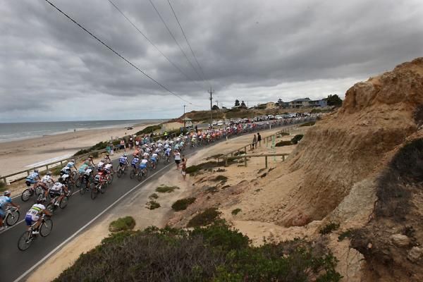 The peloton makes its way along the Aldinga Beach front.