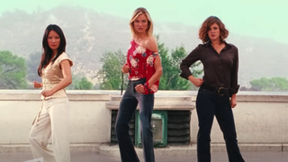 Lucy Liu, Cameron Diaz and Drew Barrymore posing at Griffith Park in Charlie's Angels: Full Throttle