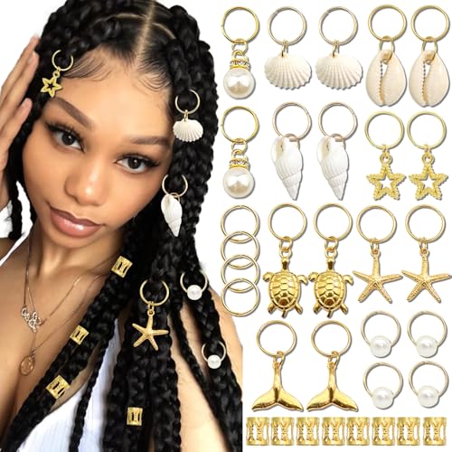 Venofen 40pcs Shell Loc Jewelry Gold Hair Jewelry for Braids Starfish Braids Clips Pearl Dreadlock Jewelry Seashell Braids Accessories Hair Decoration for Women