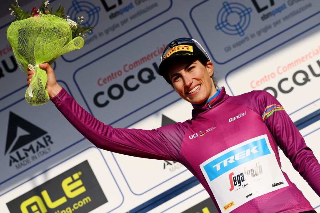 CITTIGLIO ITALY MARCH 20 Elisa Balsamo of Italy and Team Trek Segafredo celebrates winning the Pink UCI Womens WorldTour Leader Jersey on the podium ceremony after the 46th Trofeo Alfredo BindaComune di Cittiglio 2022 Womens Elite a 1418km one day race from Cocquio Trevisago to Cittiglio TrBinda UCIWWT on March 20 2022 in Cittiglio Italy Photo by Tim de WaeleGetty Images