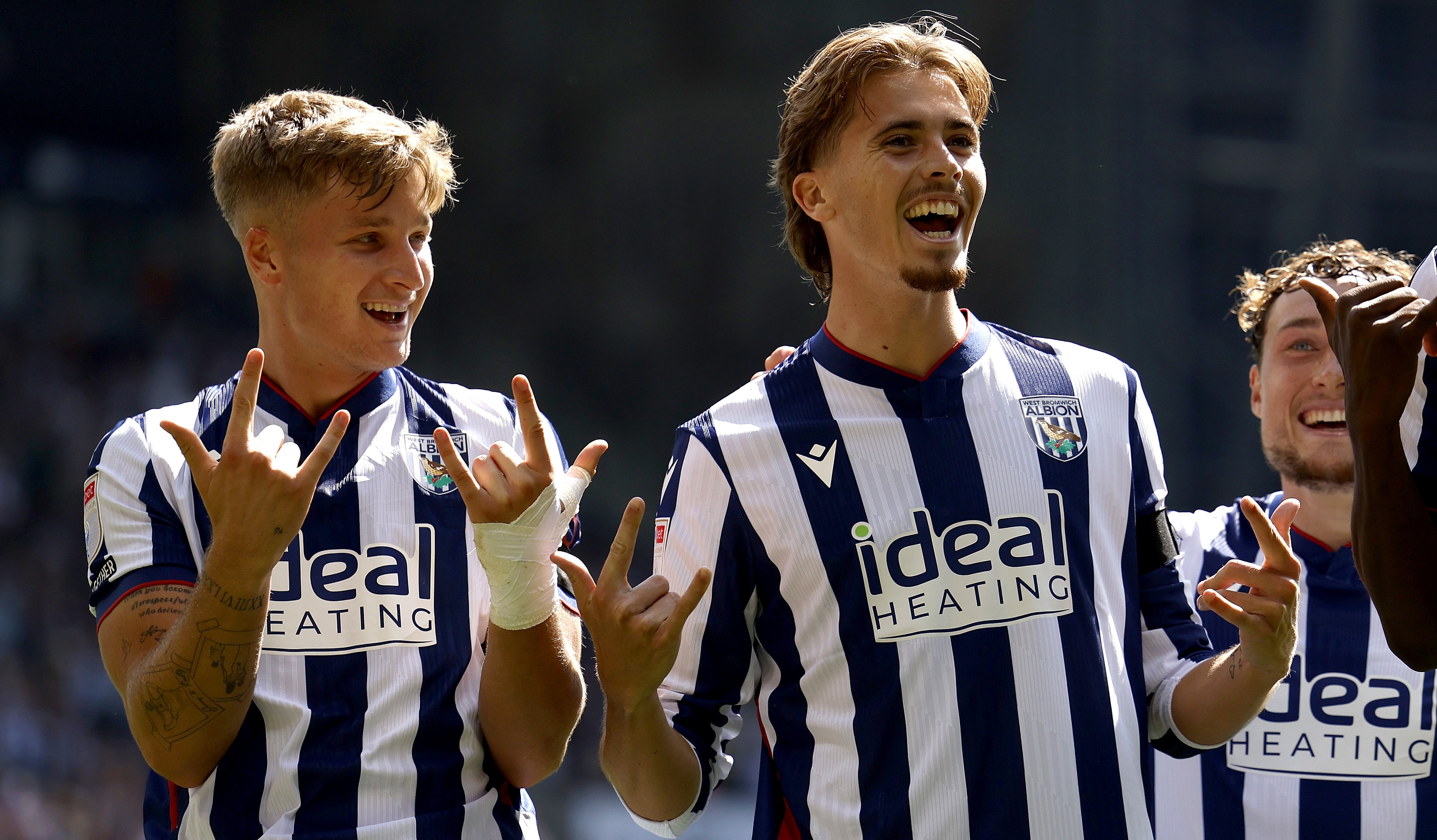 Isaac Price of West Bromwich Albion celebrates after scoring to make it 2-1 with Jimmy-Jay Morgan during the Sky Bet Championship 2026/27 match against Burnley at The Hawthorns on August 23, 2026