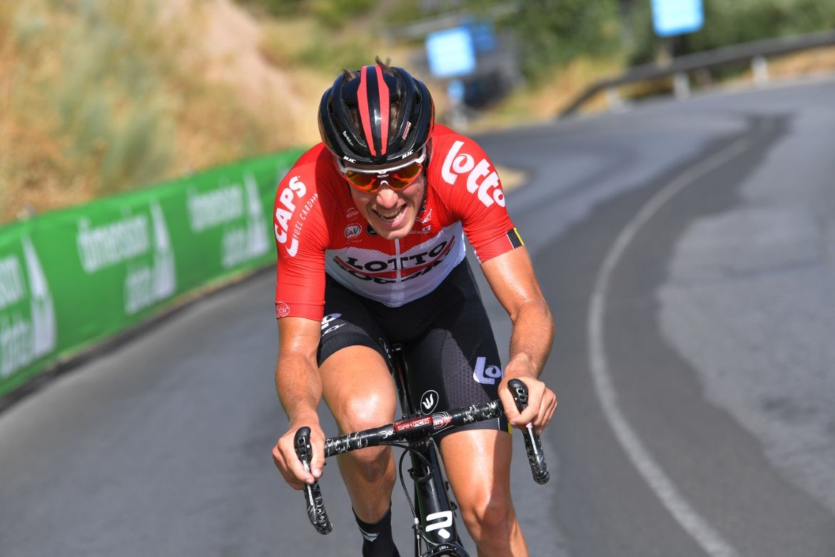 Jelle Wallays puts in a big effort but is unable to match his breakaway companions on the climb