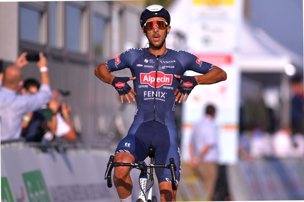 ANZEGEM BELGIUM SEPTEMBER 22 Arrival Dries De Bondt of Belgium and Team Alpecin Fenix Celebration during the 121st Belgian Road Championship 2020 Road Race Elite Men a 2358km race from Halle to Anzegem bkanzegem Anzegem2020 on September 22 2020 in Anzegem Belgium Photo by Luc ClaessenGetty Images