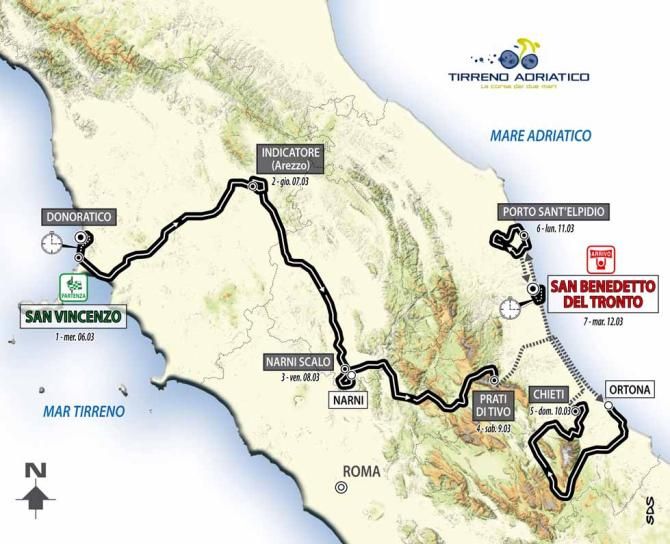 The route of the 2013 edition of Tirreno-Adriatico.