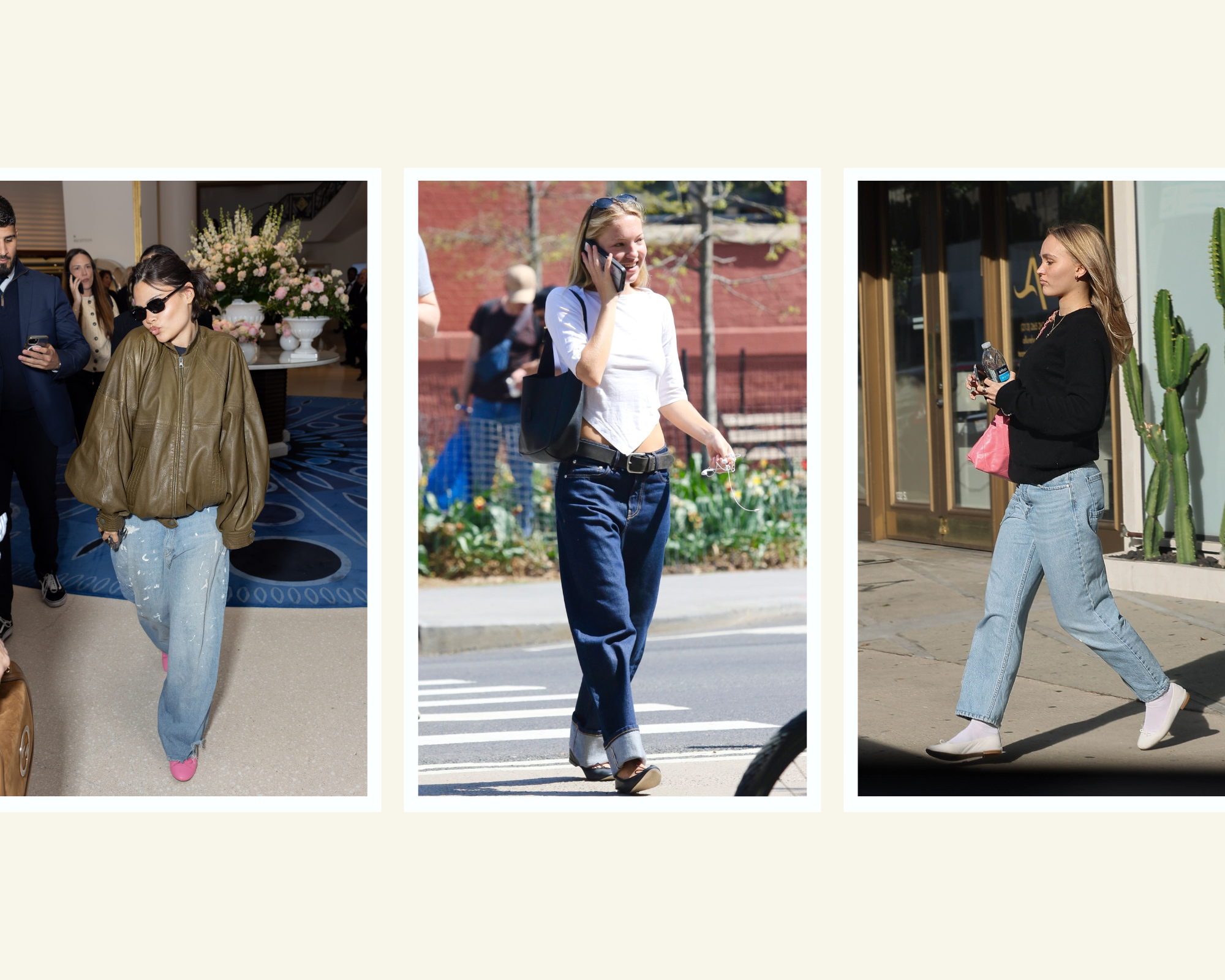 Photo collage of Gen Z celebrities wearing jeans and ballet flats.