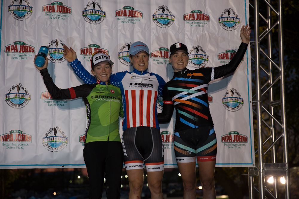 The Elite Women&rsquo;s podium of Katie Compton, Kaitie Antonneau, and Elle Anderson