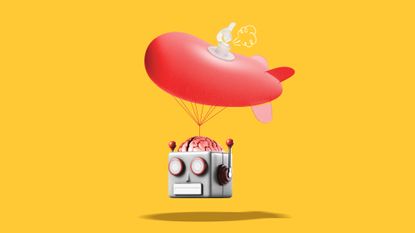 Robot head attached to a deflating blimp