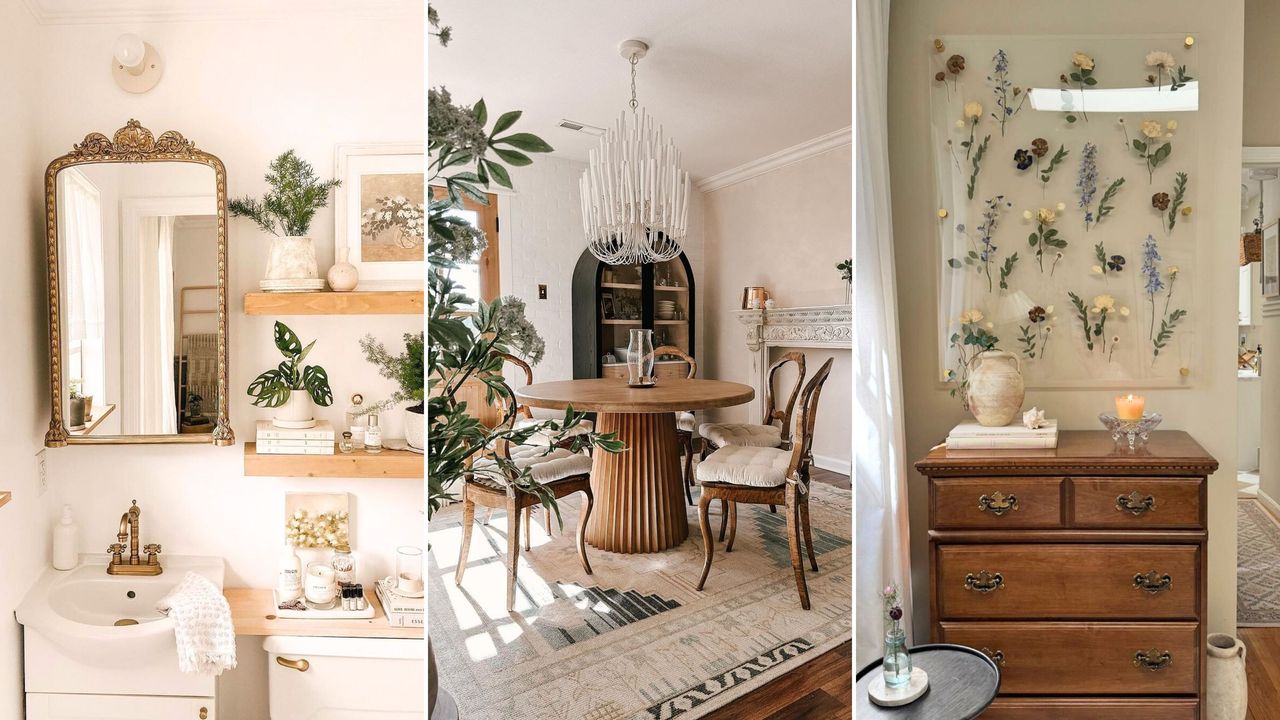 Three pictures - one of a white bathroom with a brass mirror and wall shelves with plants, one of a dining area with a round wooden table and chairs, and one of an entryway with a plant frame and wooden drawers