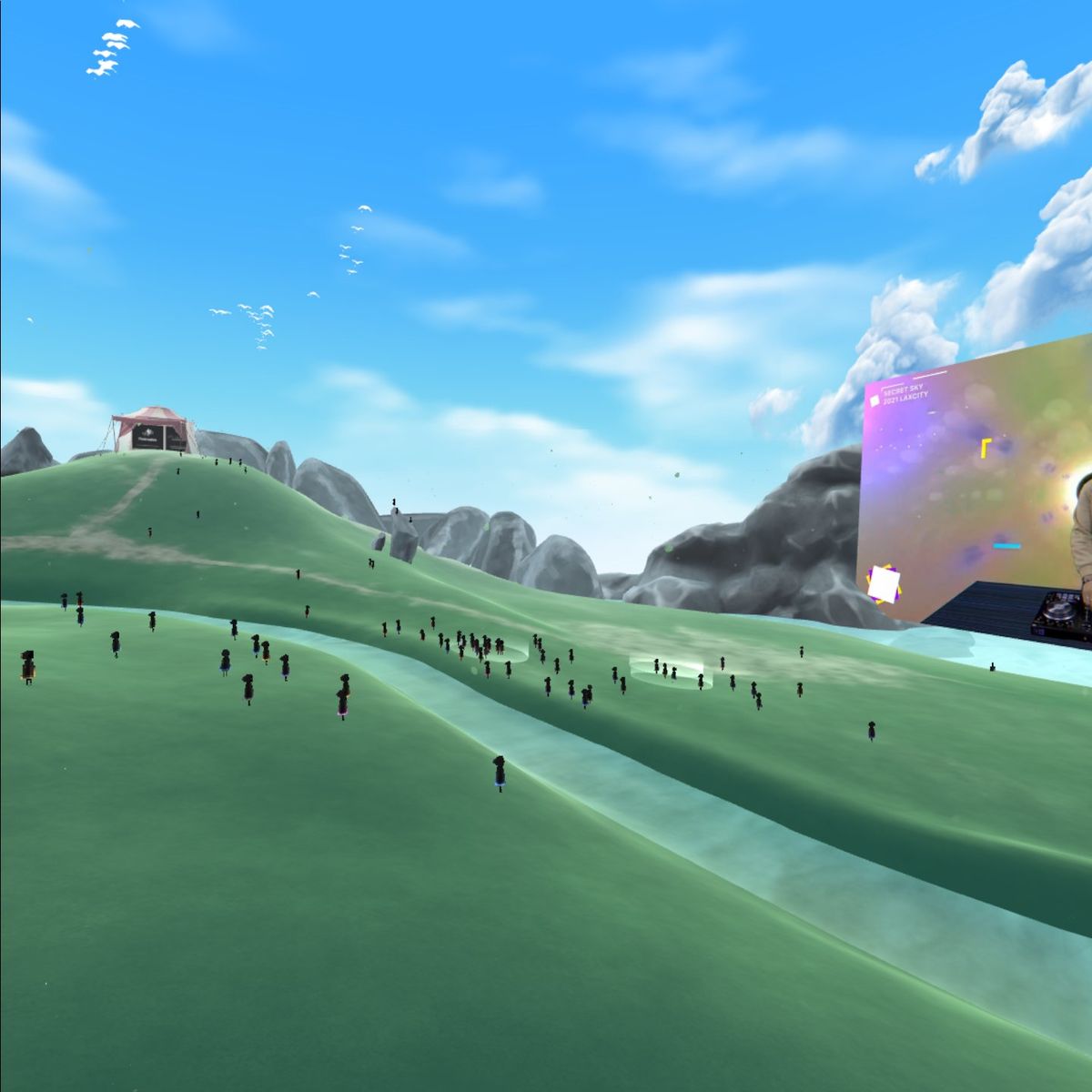 Secret Sky VR music festival screenshots showing various locations in VR