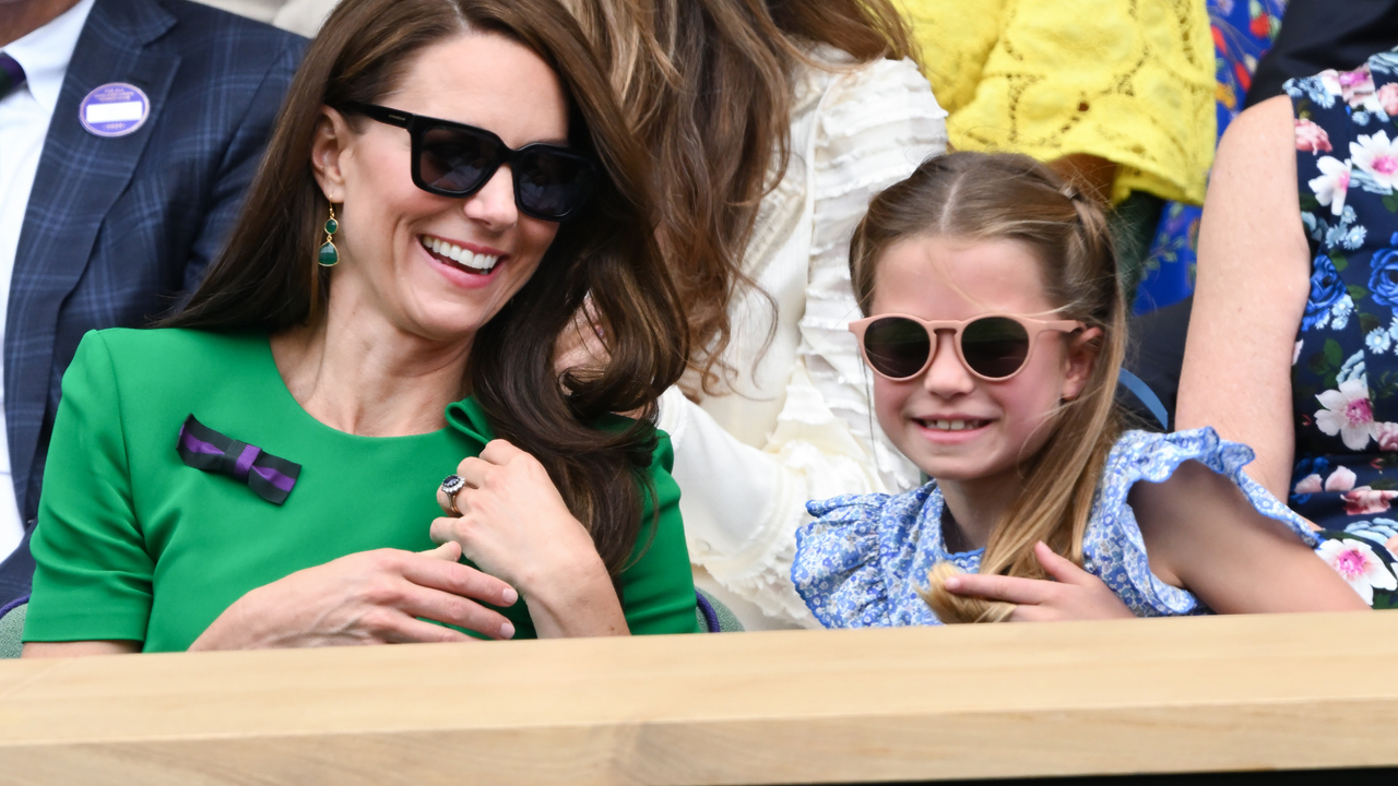 Catherine, Princess of Wales and Princess Charlotte of Wales watch Carlos Alcaraz vs Novak Djokovic in the Wimbledon 2023 men&#039;s final on Centre Court during day fourteen of the Wimbledon Tennis Championships at All England Lawn Tennis and Croquet Club on July 16, 2023 in London, England.