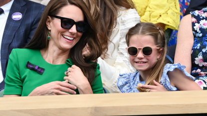 Catherine, Princess of Wales and Princess Charlotte of Wales watch Carlos Alcaraz vs Novak Djokovic in the Wimbledon 2023 men's final on Centre Court during day fourteen of the Wimbledon Tennis Championships at All England Lawn Tennis and Croquet Club on July 16, 2023 in London, England.