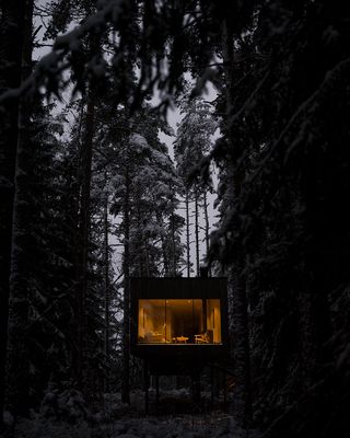 swedish cabin at night