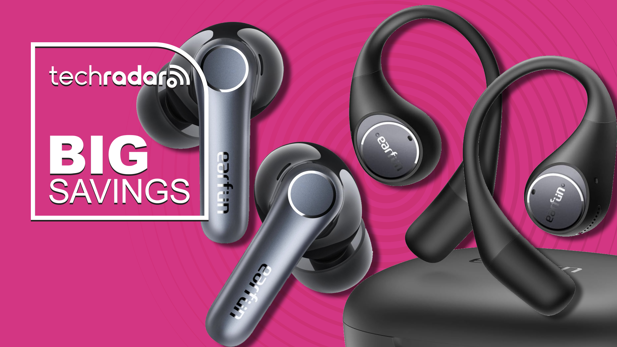 The Earfun Air Pro 4 and Earfun OpenJump on pink background with TechRadar&#039;s &#039;Big Savings&#039; poster