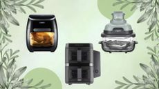 Best non-toxic air fryers: the Tower XPress. Salter VertiCook View, and Ninja Crispi on a leafy green background