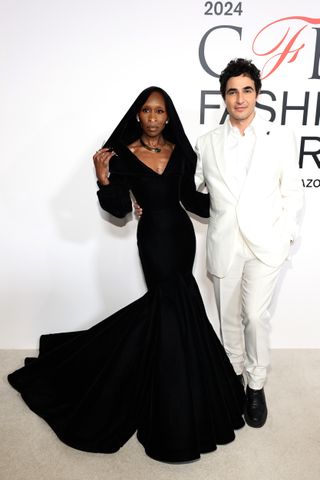 2024 CFDA Awards host Cynthia Erivo and Zac Posen walk the white carpet together