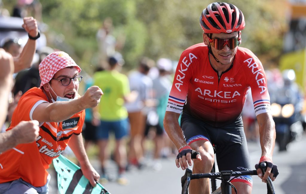 A fan cheers for Team Arkea Samsic rider Frances Warren Barguil during the 13th stage of the 107th edition of the Tour de France cycling race 191 km between ChatelGuyon and Puy Mary on September 11 2020 Photo by KENZO TRIBOUILLARD AFP Photo by KENZO TRIBOUILLARDAFP via Getty Images