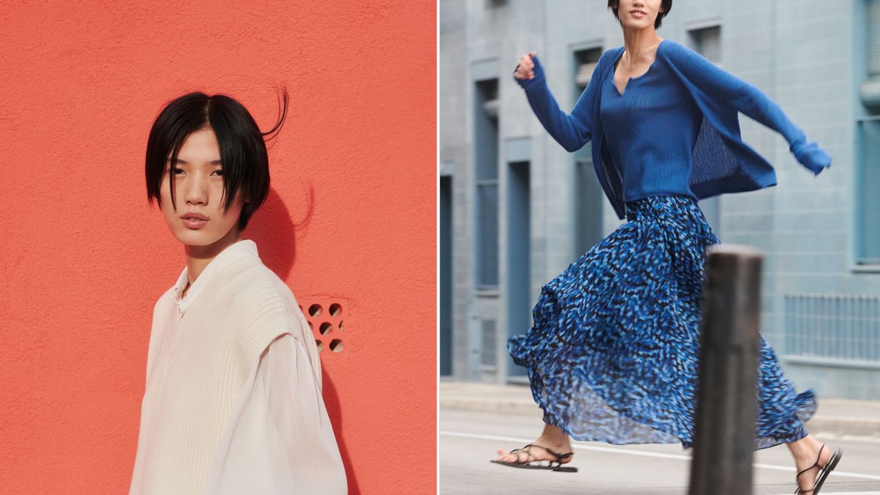 A woman wearing a blue dress from Clare Waight Keller&#039;s Spring 2024 Uniqlo:C collection