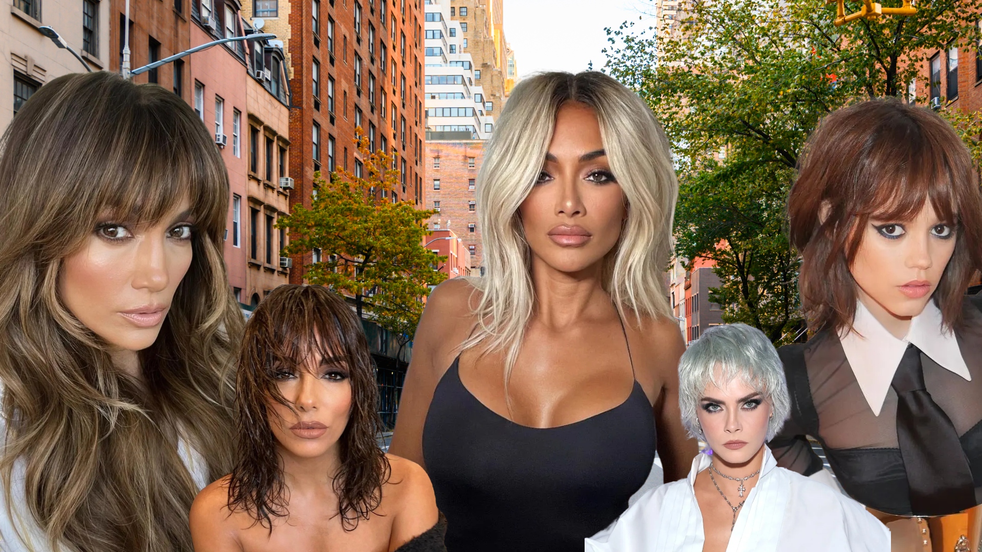 collage of jennifer lopez, eva longoria, nicole scherzinger, cara delevigne, and jenna ortega with wolf cuts