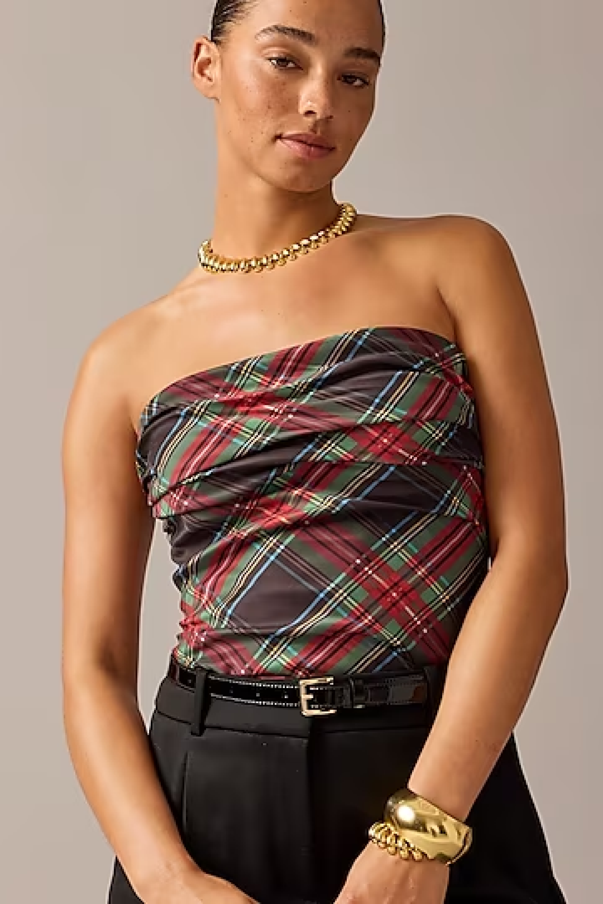 J.Crew Collection Ruched Strapless Top in Stewart Tartan Stretch Taffeta