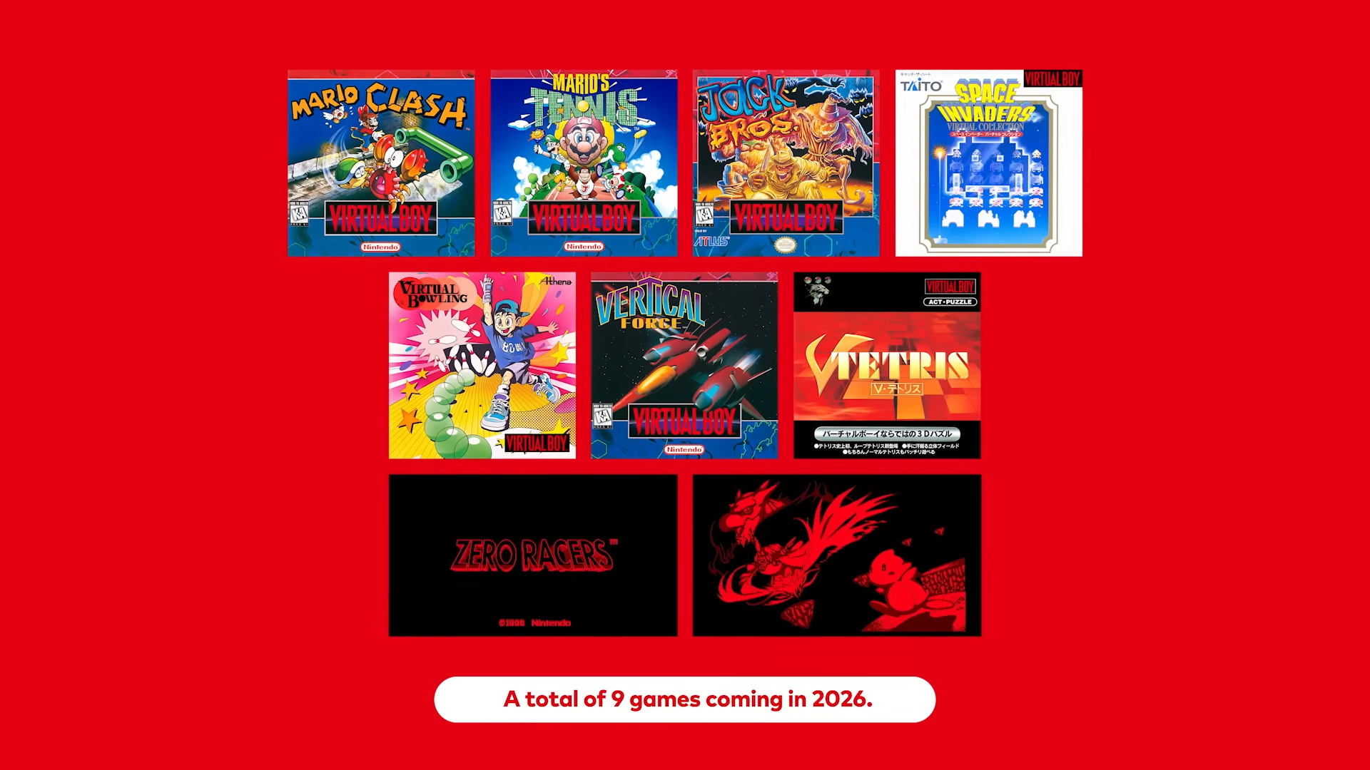 Screenshot of 9 Virtual Boy games coming to Switch Online in 2026, including Mario Clash, Mario's Tennis, Jack Bros, Space Invaders, Virtual Bowling, Vertical Force, Virtual Tetris, Zero Wars, and D-Hopper.
