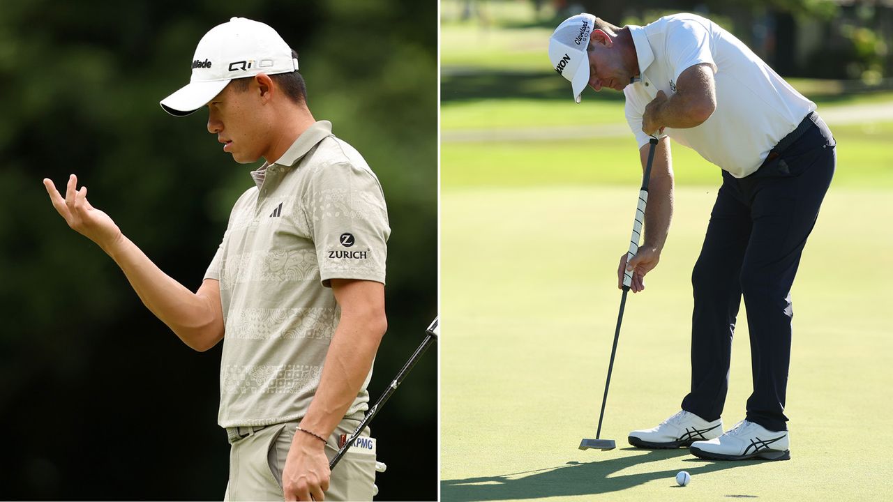 Collin Morikawa lines up a putt, whilst Lucas Glover strikes a putt