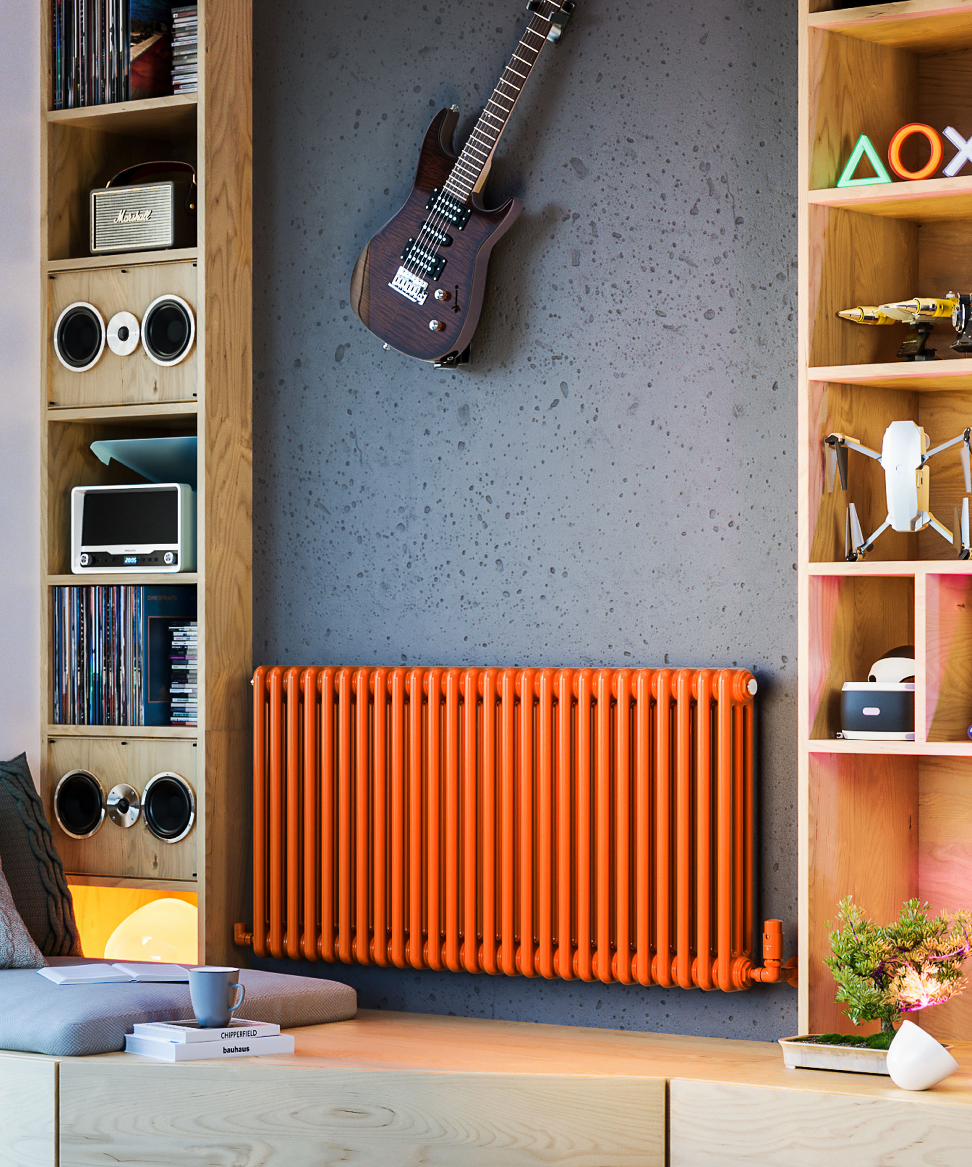 bright orange wall mounted radiator on wall between shelving