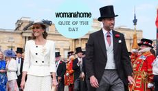 Catherine, Princess of Wales and Prince William, Prince of Wales during a Royal Garden Party at Buckingham Palace on May 8, 2026, with a W&H Quiz of the Day roundel over the top