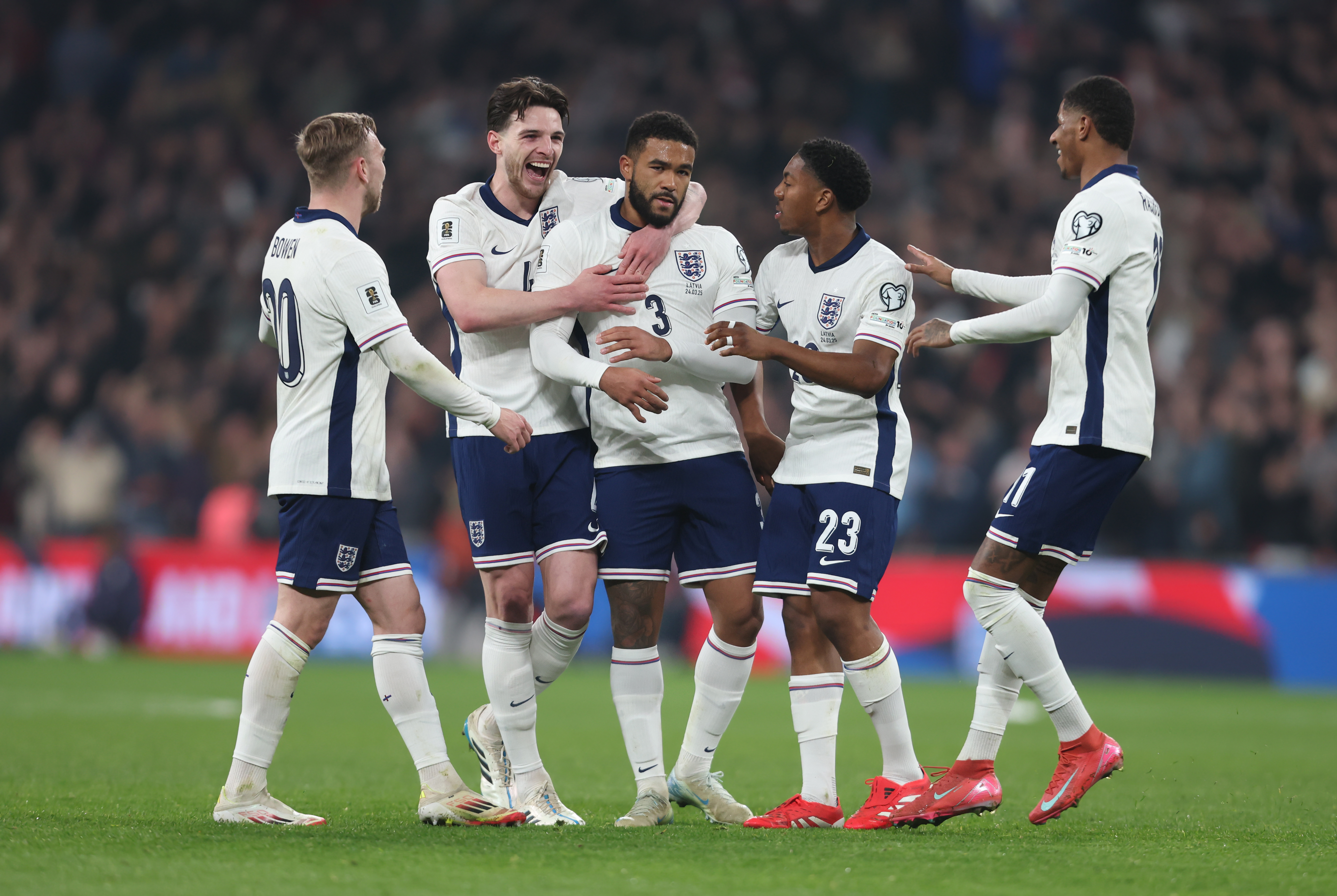 England celebrate Reece James&#039; goal against Latvia