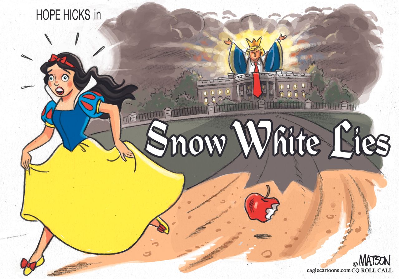 Political cartoon U.S. Hope Hicks resignation white lies Trump