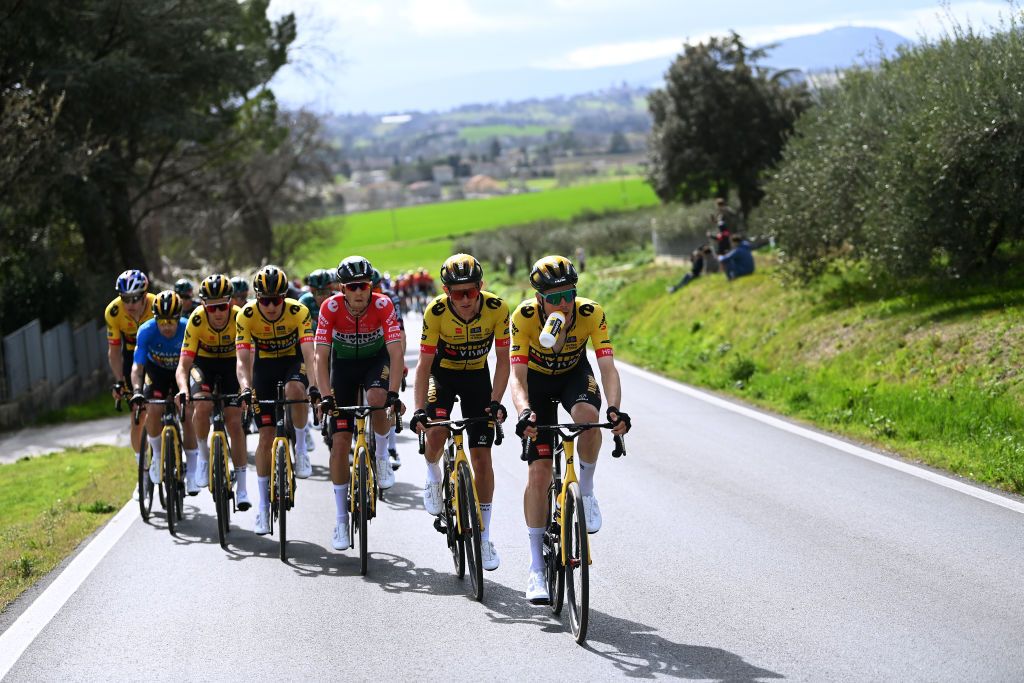 OSIMO ITALY MARCH 11 LR Koen Bouwman of The Netherlands and Dylan Van Baarle of The Netherlands and Team Jumbo Visma lead the peloton during the 58th TirrenoAdriatico 2023 Stage 6 a 193km stage from Osimo Stazione to Osimo 252m UCIWT TirrenoAdriatico on March 11 2023 in Osimo Italy Photo by Tim de WaeleGetty Images