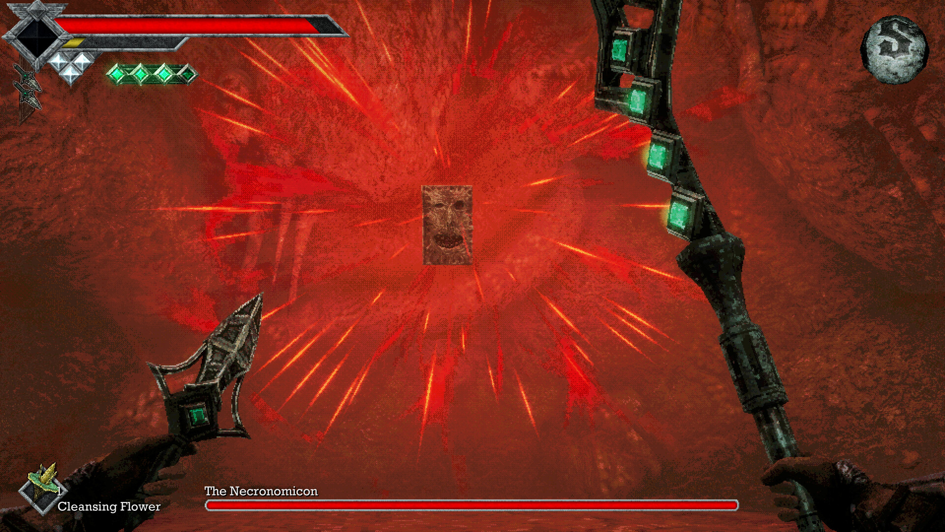 In retro-inspired fantasy RPG Queen's Domain, the player character fights against The Necronomicon book from a first-person perspective while wielding a staff and dagger