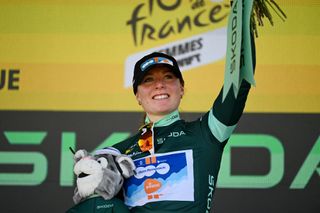 Charlotte Kool wears the green jersey after stage one of the Tour de France Femmes 2024