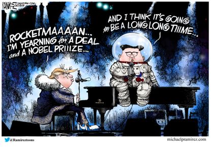 Political cartoon U.S. Trump Kim Jong-Un North Korea summit Nobel Peace prize Rocket Man Elton John
