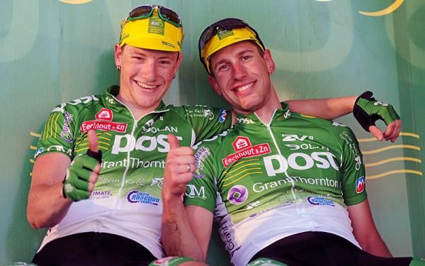 Sam Bennett, left with stage 8 winner and An Post-Sean Kelly teammate Gediminas Bagdonas