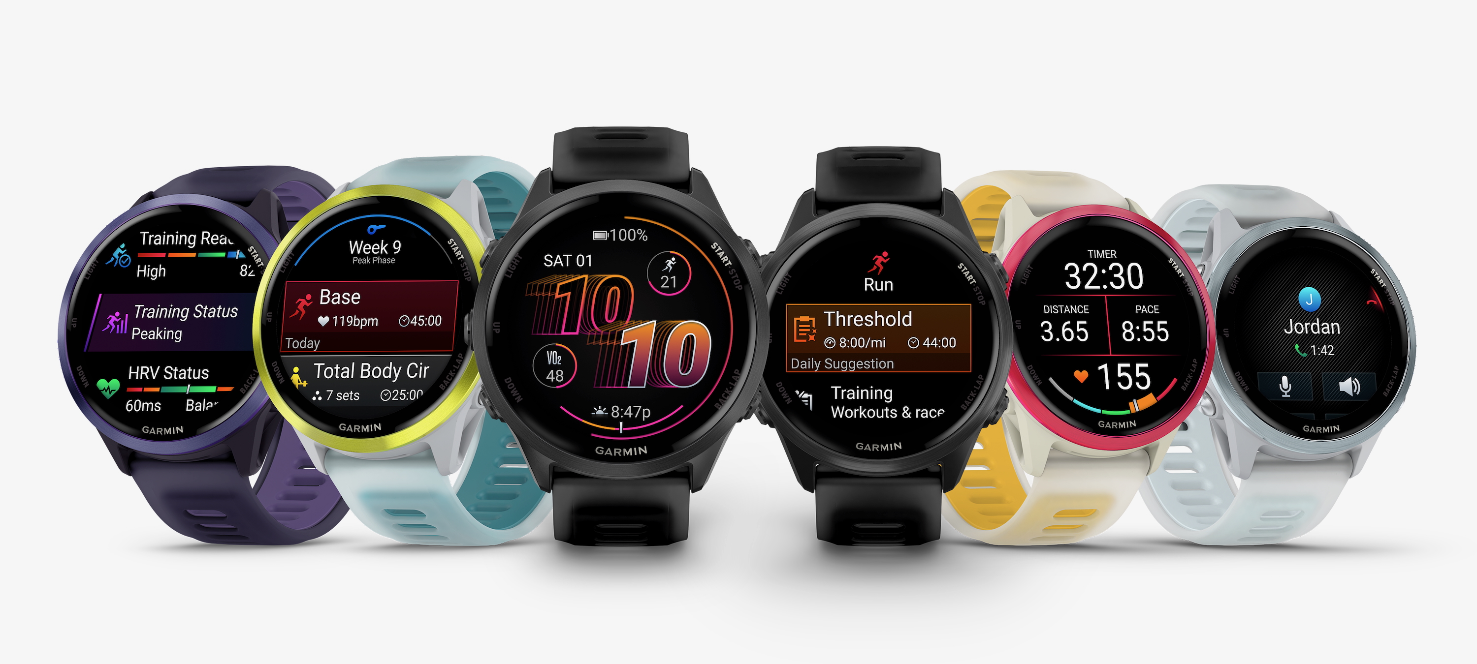 The six different Garmin Forerunner 570 models in various sizes and colors, arrayed in a line in white space and showing various watch faces and widgets.