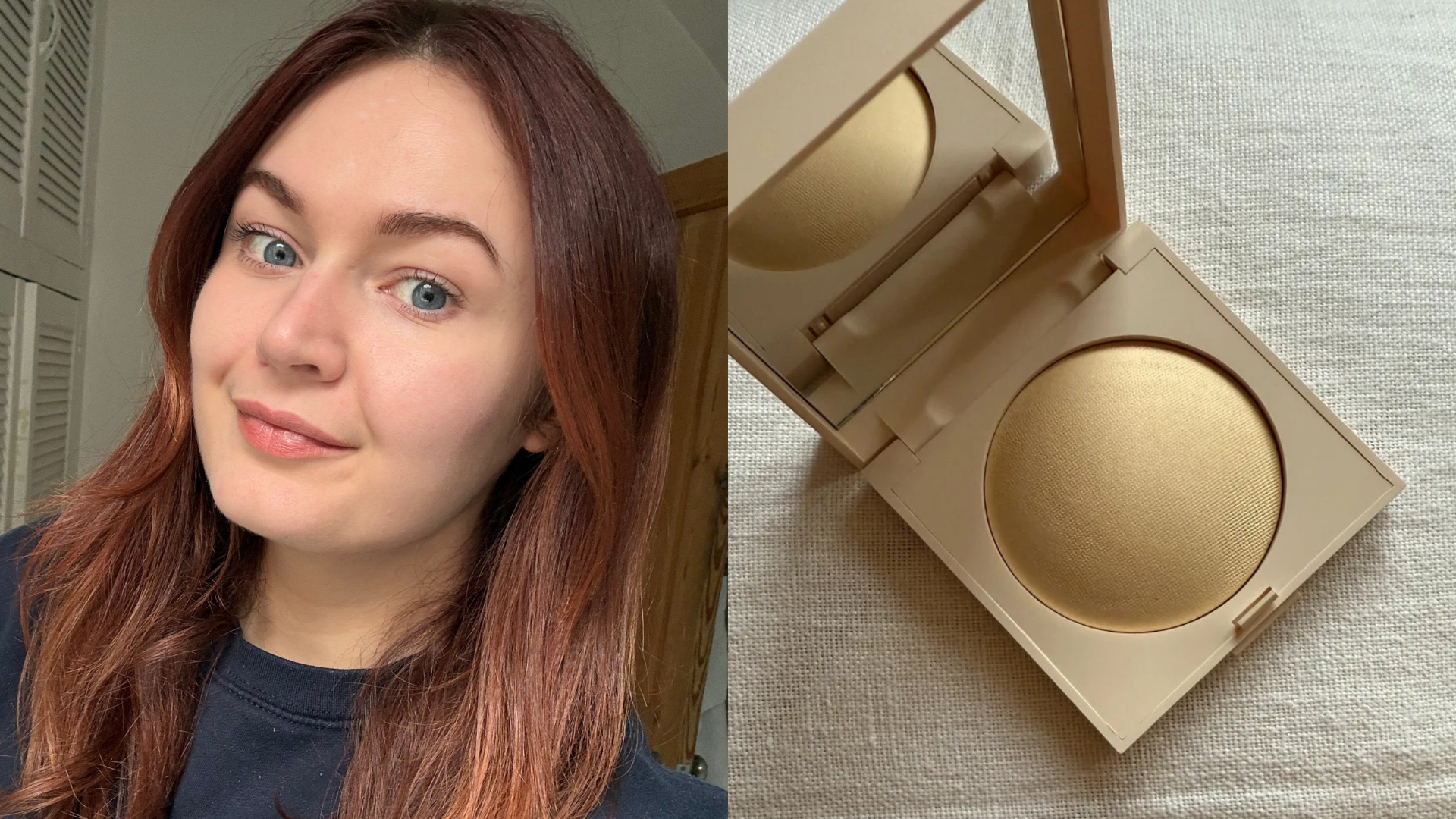 Lucy wearing the Laura Mercier Pressed Powder (left) and the open product (right)