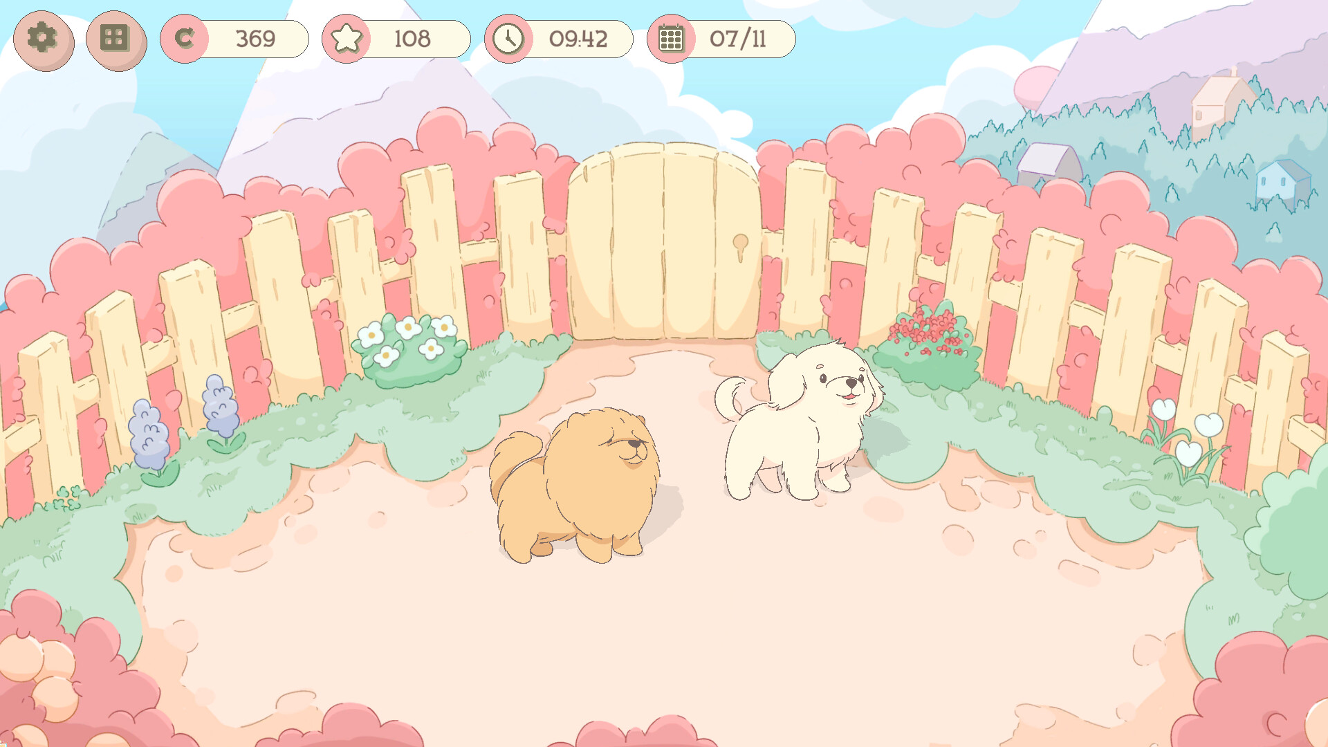 Puppy Park screenshot showing two dogs standing in a park