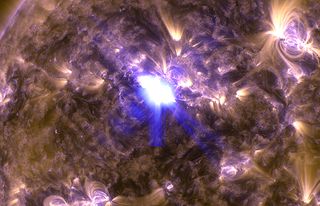 NASA's Solar Dynamics Observatory captured this image of a powerful M6.5 class flare, the strongest of 2013 at the time, at 3:16 EDT on April 11, 2013. This image shows a combination of light in wavelengths of 131 and 171 Angstroms.