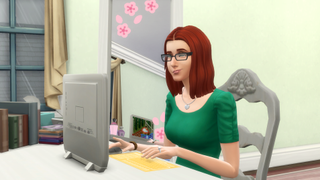 The Sims 4 - Eliza Pancakes sits at her computer playing Sims Forever