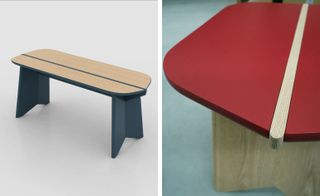 Two side-by-side photos of ‘Cantina’ benches by O CÉU. The first photo offers a full view of a deep teal and light wood bench. And the second photo is a close up of a red and light wood bench