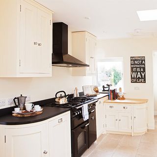 Kitchen with black slate worktops and chimney