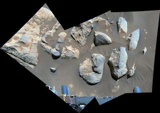 A mosaic released by the Perseverance rover's Twitter account shows rocks located at the robot's overlook site.