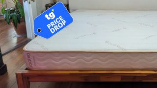 The cream and gold Saatva Zenhaven mattress on a wooden bed frame, with a blue TG Price Drop badge overlaid on top. 