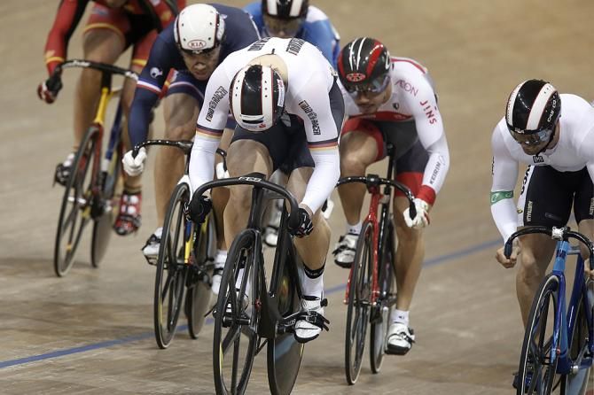 Germany's Max Levy hits the front of the keirin heat