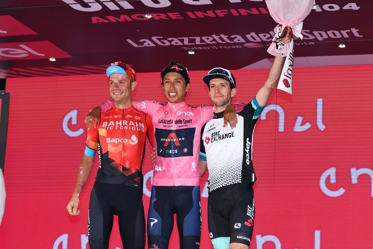 Egan Bernal on the podium of the 2021 Giro d'Italia with Damiano Caruso and Simon Yates