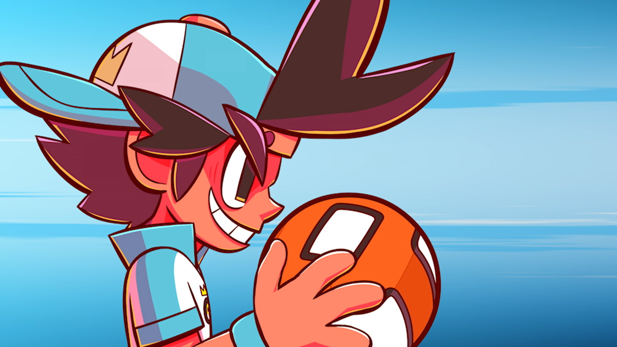 An illustration of Dodgeball Academia’s protagonist, Otto. He’s wearing a blue baseball cap backward and a blue and white team jersey, holding an orange dodgeball with white rectangular spots.