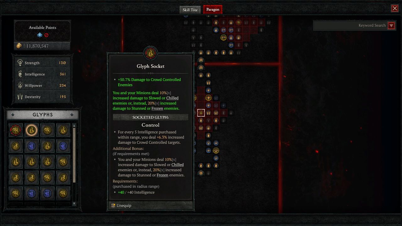 Diablo 4 Paragon Board Glyph slot for shadow damage