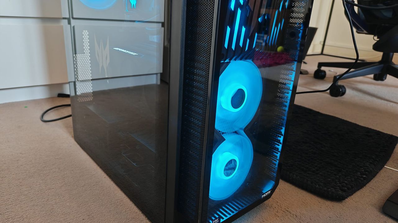The front fans on the Acer Predator Orion 7000 (2025) glowing blue