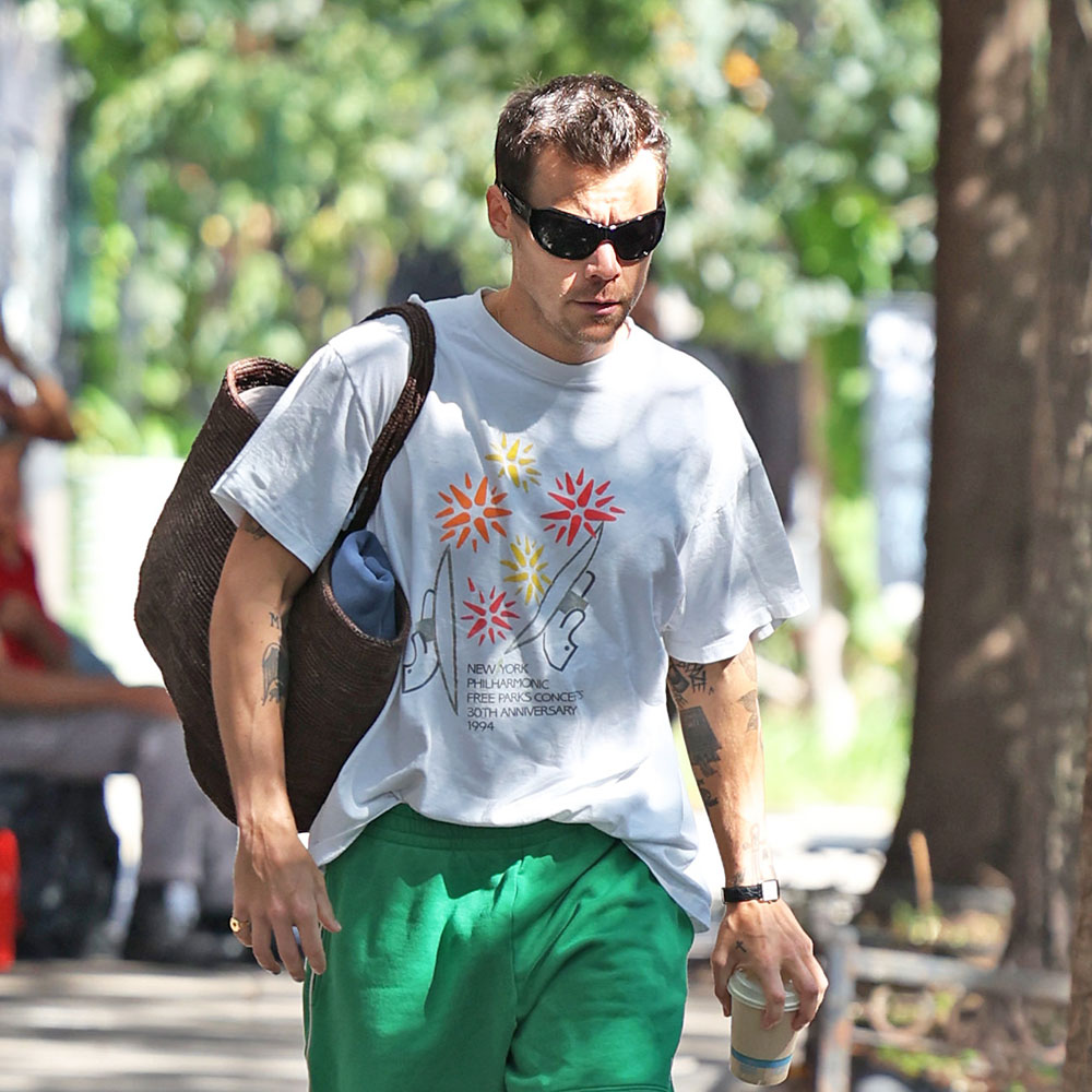 Harry Styles wearing a graphic t-shirt, green shorts, and brown boat shoes
