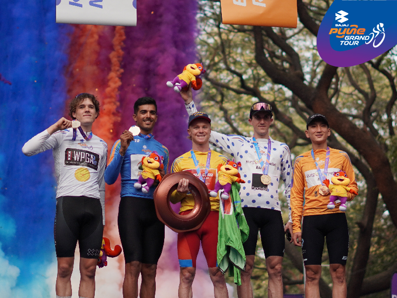 Jersey wearers on the podium at the 2026 Pune Grand Tour